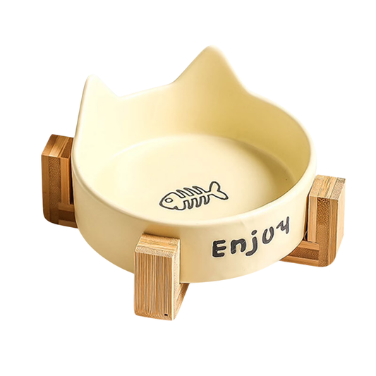 Ceramic Elevated Cat Bowl with Wooden Stand, Non-Slip Feeding Bowl for Food or Water, Yellow