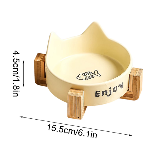 Ceramic Elevated Cat Bowl with Wooden Stand, Non-Slip Feeding Bowl for Food or Water, Yellow