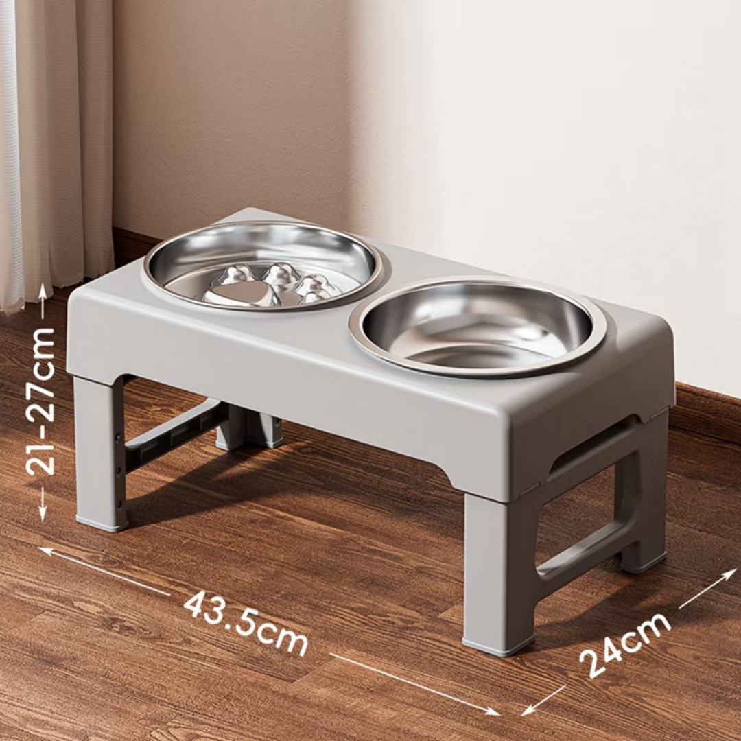 Adjustable Elevated Dog Bowl with Stand, Double Feeding Bowls, 3 Height Settings, Non-Slip, Gray